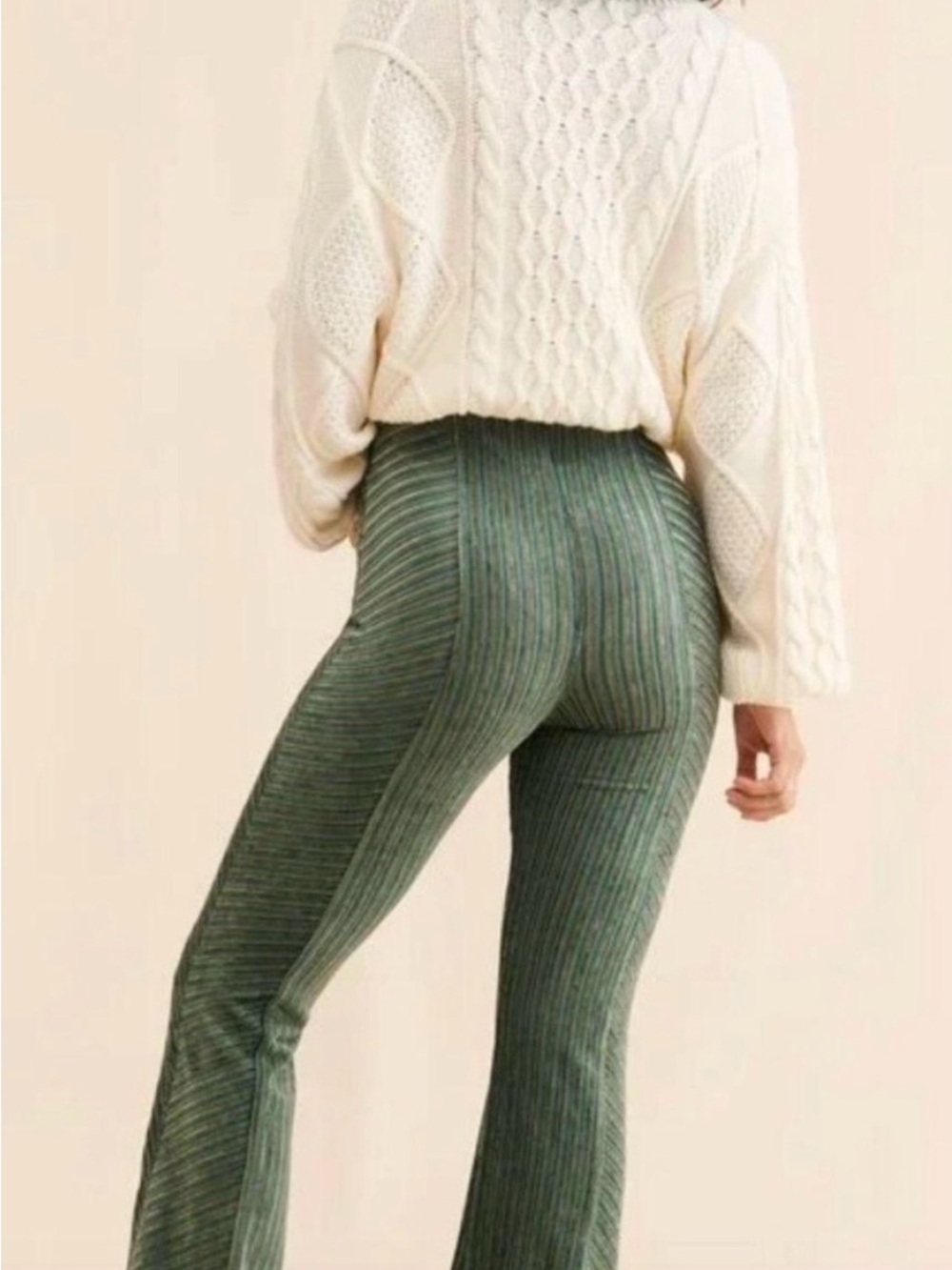 Free People Olive Green Ribbed High-Rise velvet Flare Pants - Picture 3 of 8